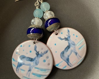 Blue Moose Earrings, Artisan Enamel Earrings, Snow Landscape Earrings, Festive Winter Earrings, Stocking Stuffers, Polka Dot Earrings