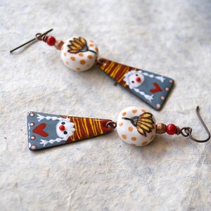 Gnome Enamel Earrings, Red Heart Earrings, Yellow Ceramic Flower Earrings, Triangular Shaped Earrings, Whimsical Gardener Gift image 4