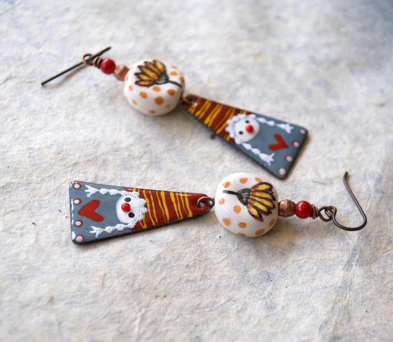 Gnome Enamel Earrings, Red Heart Earrings, Yellow Ceramic Flower Earrings, Triangular Shaped Earrings, Whimsical Gardener Gift image 4