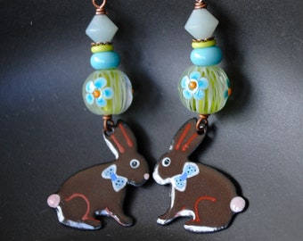Chocolate Brown Easter Bunny Earrings, Artisan Enamel Rabbit Earrings, Floral Earrings, Spring Animal Jewelry, Sweetheart Gift Whimsical