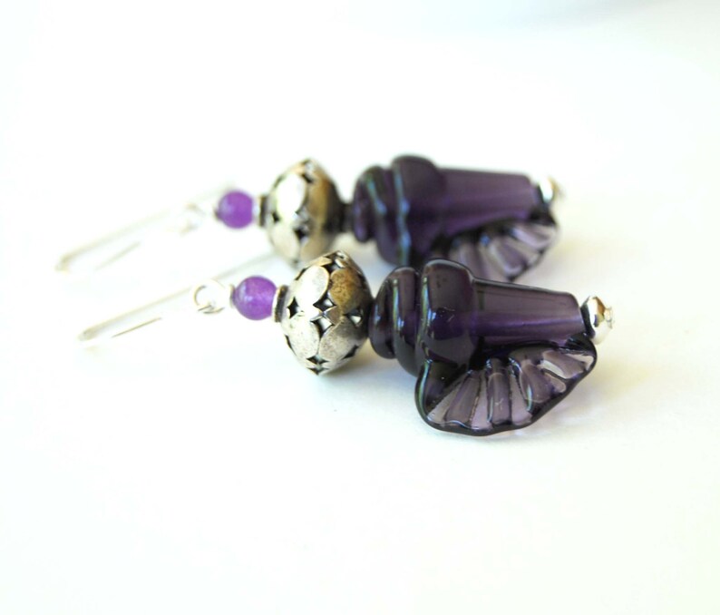 Conch Shell Earrings, Nautical Earrings, Purple Shell Earrings, Beaded Earrings, Ocean Beach Earrings, Dark Purple Lampwork Glass Earrings, image 3