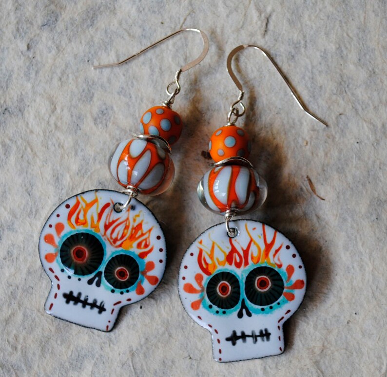Day of the Dead Calaveras Jewelry Artisan Enamel Flames Flaming Skull Earrings Halloween Jewelry Sugar Skull Earrings Polka Dots