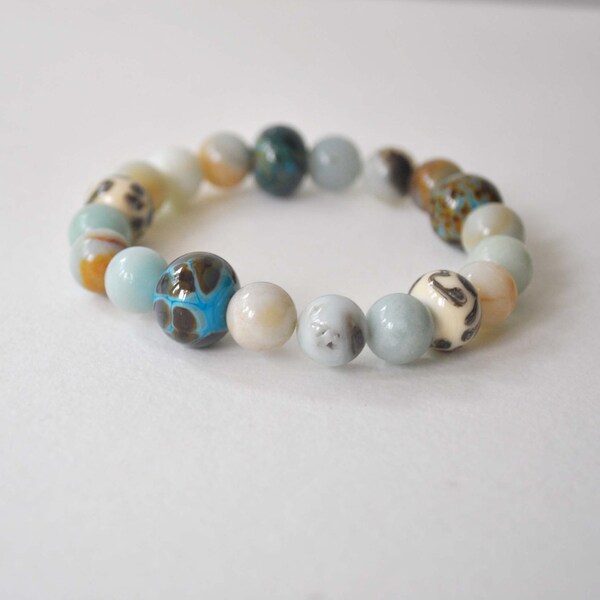 Glass & Stone Bracelet, Lampwork Glass Bracelet, Blue Bracelet, Natural Stone Bead Bracelet, Stretch Stacking Bracelet