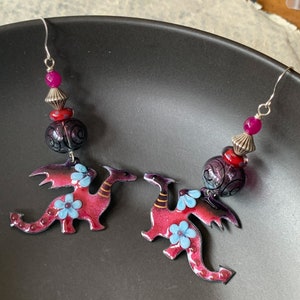 Purple Enamel Dragon Earrings, Artisan Earrings, Fantasy Cosplay Dangles, Gift For Girlfriend, Floral Dragon, Black Spiral Earrings, OOAK image 3