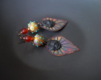 Enamel Teardrop Earrings, Rustic Face Drops, Earthy Bohemian Earrings, Spotted Lampwork Dangles, Unique Artisan OOAK