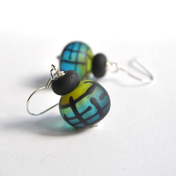 Green Stained Glass Earrings -  Geometric Earrings - Lampwork Glass Earrings