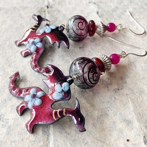 Purple Enamel Dragon Earrings, Artisan Earrings, Fantasy Cosplay Dangles, Gift For Girlfriend, Floral Dragon, Black Spiral Earrings, OOAK image 2