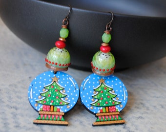 Christmas Snow Globe Earrings, Xmas Tree Earrings, Hand Painted Wood Earrings, Festive Red Green Lampwork Dangles, OOAK Pyrography Jewelry