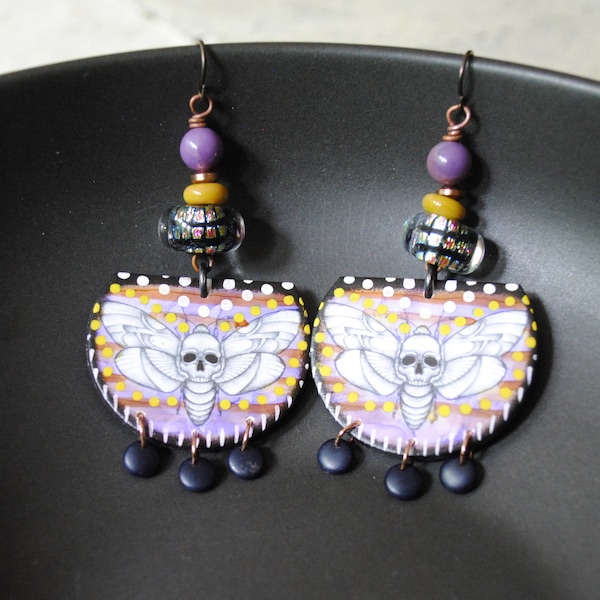 Purple Skull Earrings, Striped Artisan Polymer Earrings, Halloween Skull Earrings, Day of Dead Calaveras, Death Head Earrings, Winged Skull