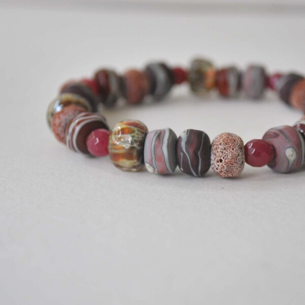 Red Lampwork Glass Bracelet, Stretch Bracelet, Layering Bracelet, Boho Bracelets