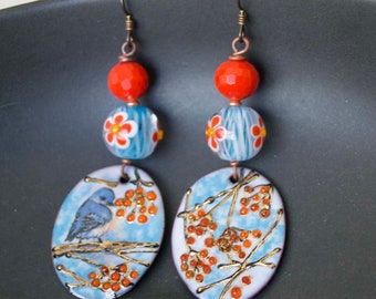 Blue Bird Earrings, Artisan Enamel Earrings, Sweet Bird Earrings, Floral Lampwork Glass Bead Earrings, OOAK, Orange Berry Earrings