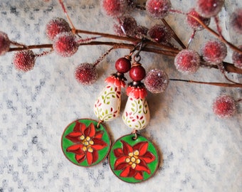 Red Poinsettia Enamel Earrings, Artisan Enamel, Festive Earrings, Holiday Earrings, Stocking Stuffers, Flower Earrings, Plant Lover Gift