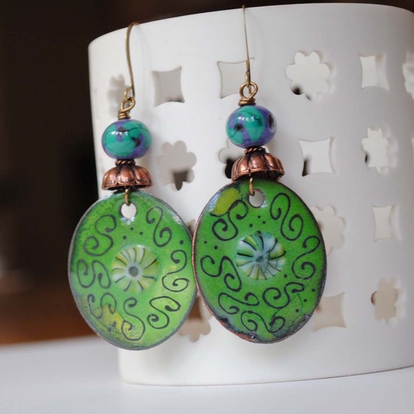 St. Patricks Day Gift, Green Enamel Earrings, Fancy Flourish Earrings, Oval Earrings, Lampwork Glass Bead Earrings, Unique Artisan Earrings