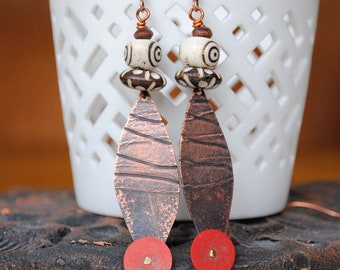 Textured Copper Earrings, Marquise Shaped Earrings, Ethnic Earrings, Neutral Red, Light Weight Earrings, Carved Bone Earrings, Boho Chic