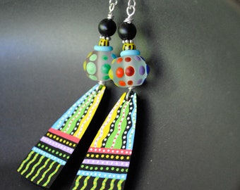 Colorful Mod Earrings, Polka Dot Lampwork Earrings, Hand Painted Wood Earrings, Light Weight Earrings, OOAK Artisan Pyrography Earrings