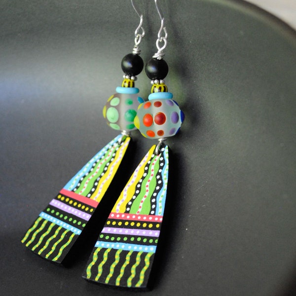 Colorful Mod Earrings, Polka Dot Lampwork Earrings, Hand Painted Wood Earrings, Light Weight Earrings, OOAK Artisan Pyrography Earrings