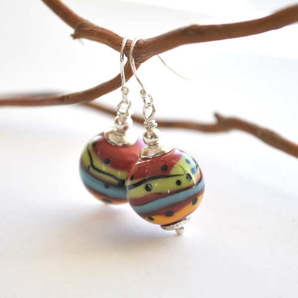 Red Abstract Earrings - Lampwork Glass Dangle - Colorful Stripe Earrings