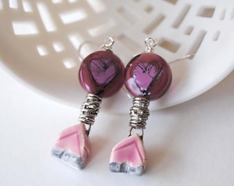 Heart Earrings, Pink Earrings, Home / House Earrings, Ceramic Earrings, Lampwork Glass Bead Earrings, Unique Artisan Earrings, Boho Chic