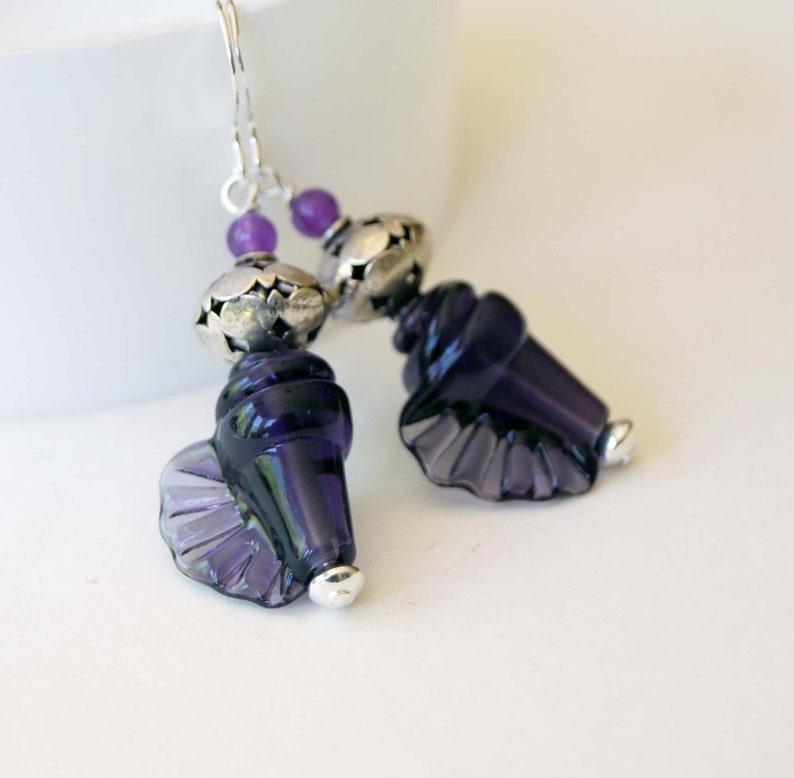 Conch Shell Earrings, Nautical Earrings, Purple Shell Earrings, Beaded Earrings, Ocean Beach Earrings, Dark Purple Lampwork Glass Earrings, image 5