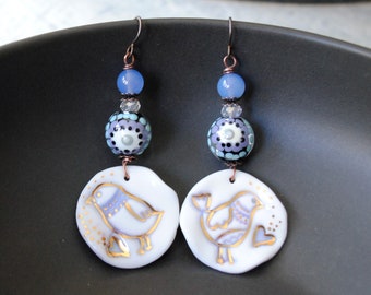 Blue Bird Earrings, White Artisan Gold Trimmed Ceramic, Porcelain Penguin Drops, Festive Winter Holiday Jewelry, Periwinkle Blue Heart, OOAK