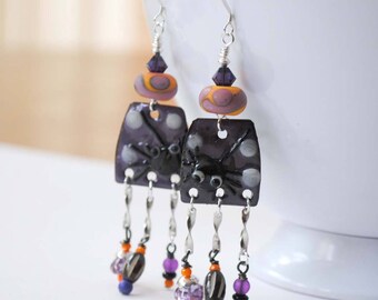 Black Spider Earrings, Spooky Purple Halloween Enamel Earrings, Funky Halloween Chandelier Earrings, Artisan Lampwork, Clearance