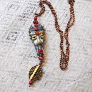 Ethnic Mask Necklace, Earthy Face Necklace, Artisan Lampwork Pendant, Tribal Bohemian Necklace, OOAK, Copper Chain Necklace