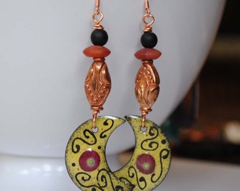 Yellow Crescent Earrings, Moon Enamel Earrings, Copper Earrings, Long Boho Chic Earrings, Moorish Flourish Earrings, SALE