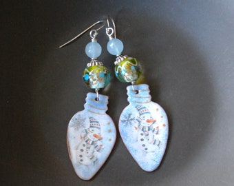 Snowman Enamel Earrings, Festive Holiday Earrings, Blue Christmas Bulb Earrings, Whimsical Winter Earrings, OOAK, Stocking Stuffers