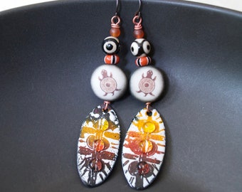 Ethnic Turtle Earrings, Rustic Artisan Porcelain Earrings, Earthy Neutral Earrings, Unique Animal Earrings, Tribal Earrings, Artisan Enamel