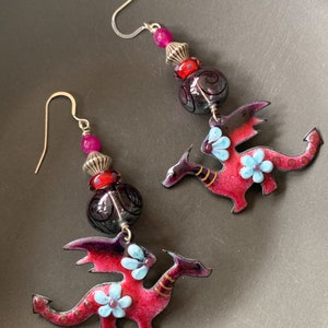 Purple Enamel Dragon Earrings, Artisan Earrings, Fantasy Cosplay Dangles, Gift For Girlfriend, Floral Dragon, Black Spiral Earrings, OOAK image 1