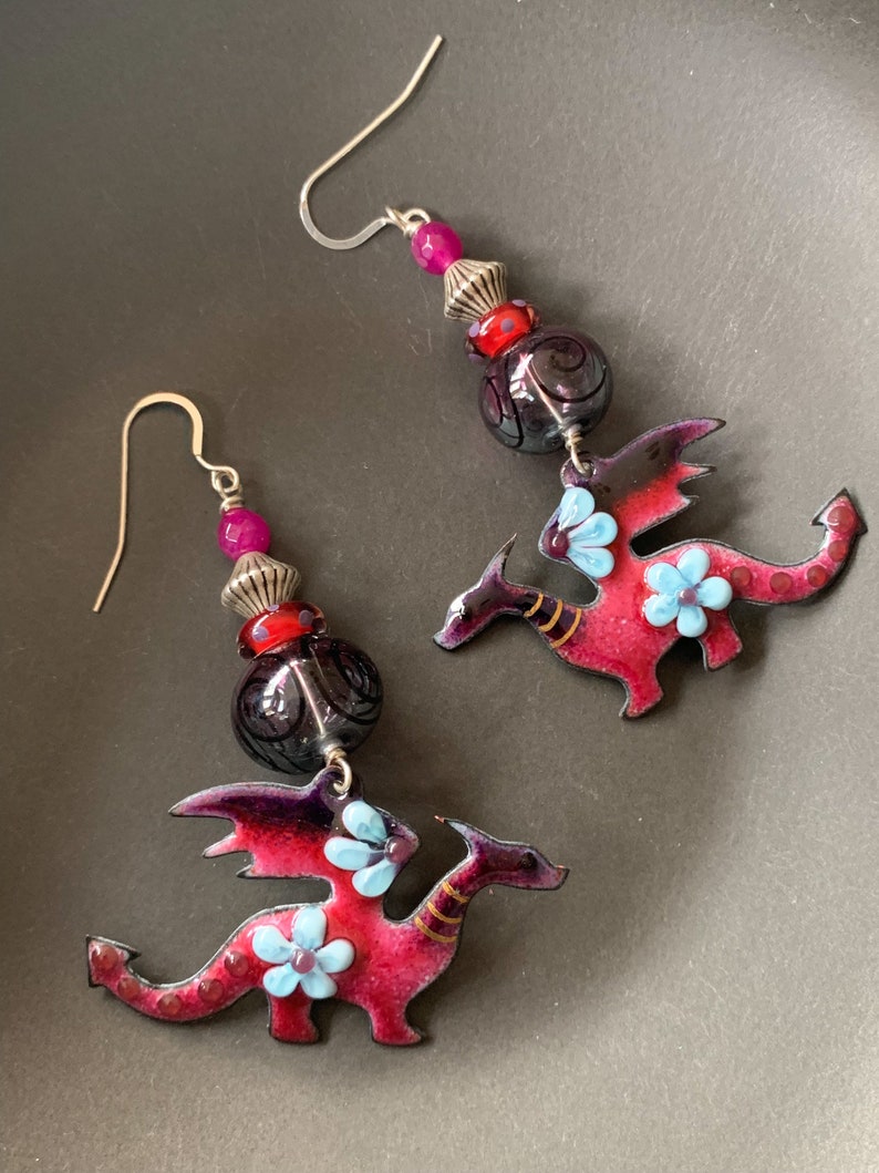 Purple Enamel Dragon Earrings, Artisan Earrings, Fantasy Cosplay Dangles, Gift For Girlfriend, Floral Dragon, Black Spiral Earrings, OOAK image 1