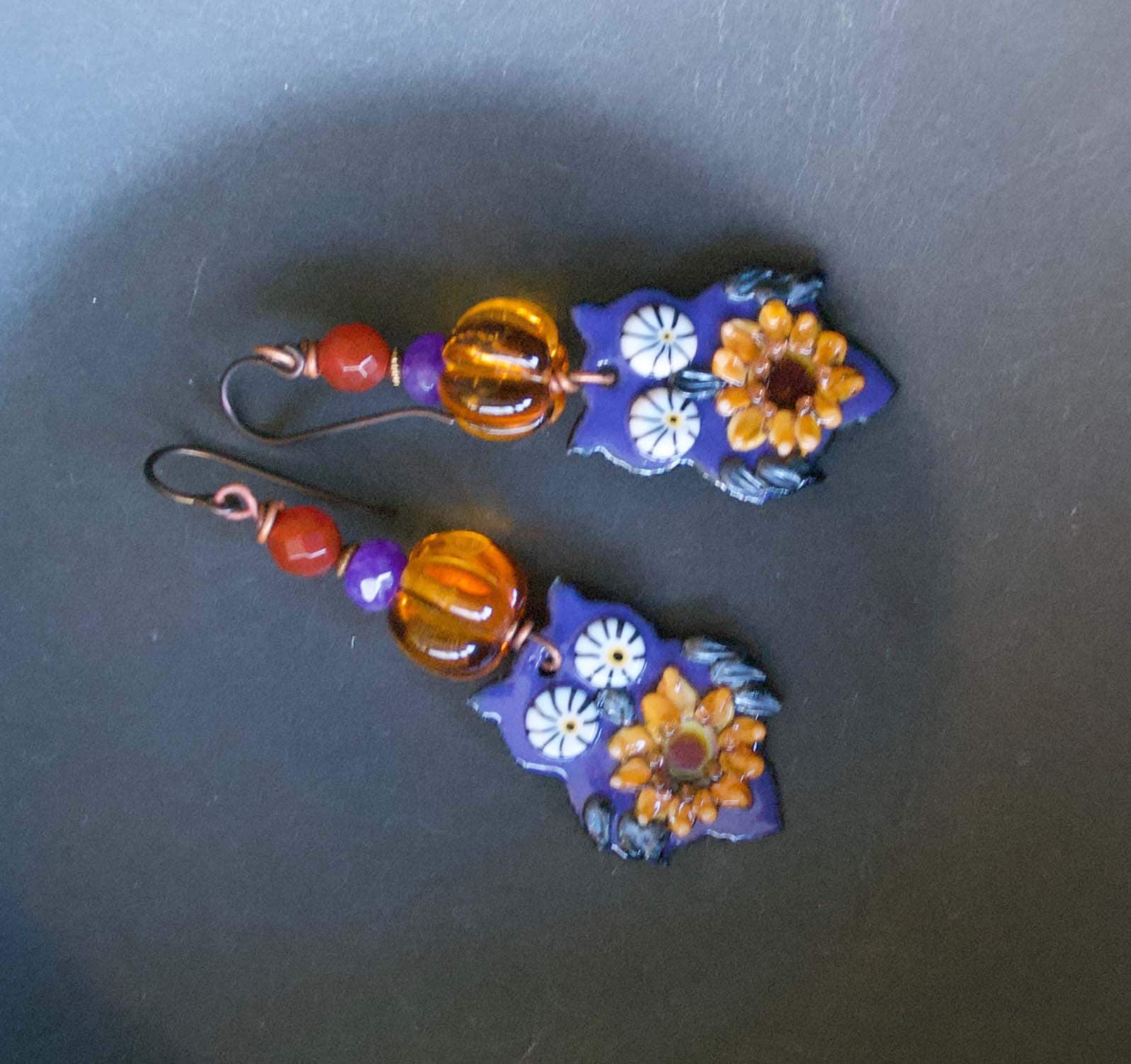Purple Owl Earrings, Artisan Enamel Earrings, Whimsical Sunflower Earrings, Floral Earrings, Bird Lo