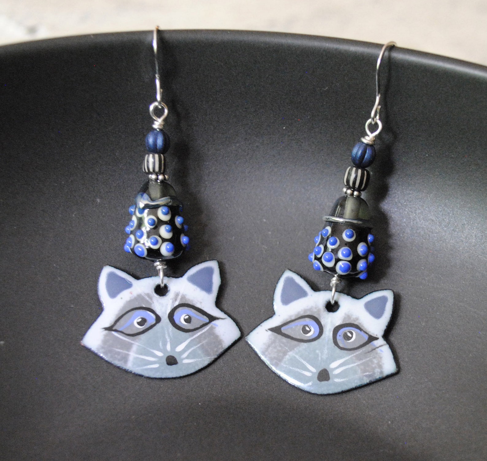Gray Raccoon Earrings, Artisan Enamel Earrings, Animal Earrings, Blue ...