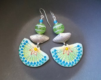 Blue Fan Earrings, Artisan Enamel Earrings, Sterling Silver Shell Earrings, Spotted Lampwork Earrings, Bohemian Earrings, OOAK, Elegant