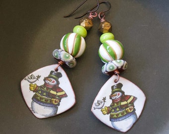 Snowman Enamel Earrings, Green Striped Ceramic Earrings, Artisan Enamel Earrings, Festive Holiday Earrings, Winter Christmas Jewelry, OOAK