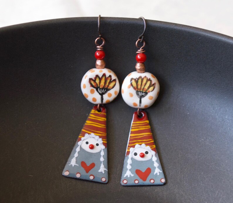 Gnome Enamel Earrings, Red Heart Earrings, Yellow Ceramic Flower Earrings, Triangular Shaped Earrings, Whimsical Gardener Gift image 1