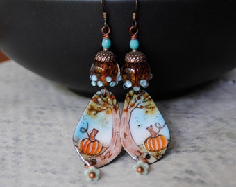 Fall Pumpkin Enamel Earrings, Teardrop Earrings, Autumn Tree Landscape Earrings, Nature Lover Gift, OOAK Artisan Lampwork Glass Bead Earring