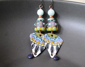 Colorful Artisan Enamel Earrings, OOAK Boho, Spotted Lampwork Glass Bead Earrings, Modern Urban Earrings, Black White Teardrop Earrings