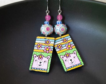 Pink Bear Earrings, Hand Painted Wood Earrings, Light Weight, Whimsical Earrings, Colorful Stripe, Floral Earrings, OOAK, Animal Lover Gift