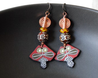 Ethnic Porcelain Earrings, Rustic Red Brown Drops, Polka Dot Lampwork Earrings, Neutral  Everyday Earrings, Geometric Floral Earrings, OOAK