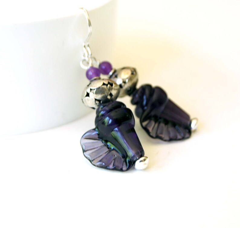 Conch Shell Earrings, Nautical Earrings, Purple Shell Earrings, Beaded Earrings, Ocean Beach Earrings, Dark Purple Lampwork Glass Earrings, image 4