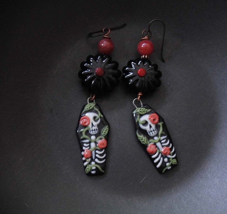 Black Lampwork Flower Earrings Black Coffin Earrings OOAK Spooky Red Rose Earrings Day of Dead Earrings Porcelain Skeleton Earrings