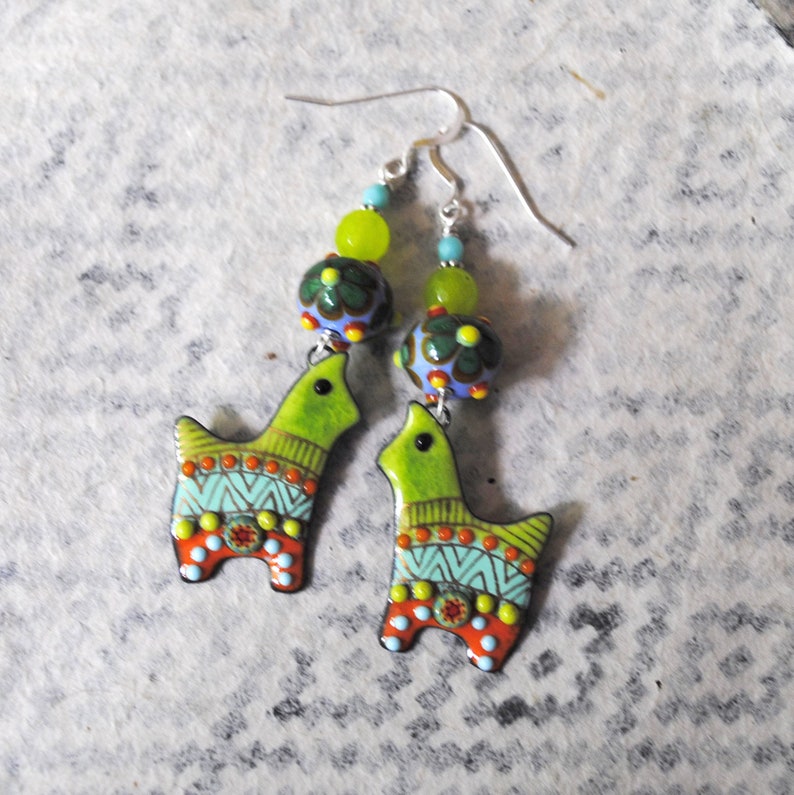 Artisan Enamel Earrings Lime Green Llama Earrings Animal Earrings Whimsical OOAK Floral Earrings Blue Lampwork Flower Earrings