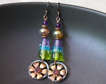 Mixed Metal Flower Earrings, Purple Green Blue Striped Lampwork Cone Earrings, OOAk Lampwork Earrings, Bohemian Metal Floral Earrings
