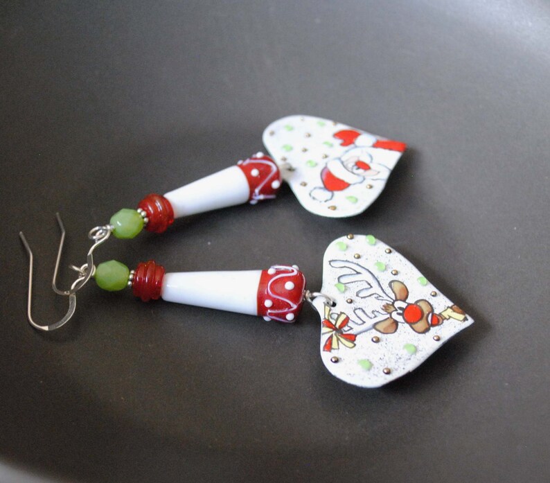 Santa Claus Earrings, Rudolph Enamel Earrings, Mismatched Reindeer Earrings, Christmas Holiday Earrings, Whimsical Festive Earrings, OOAK image 1