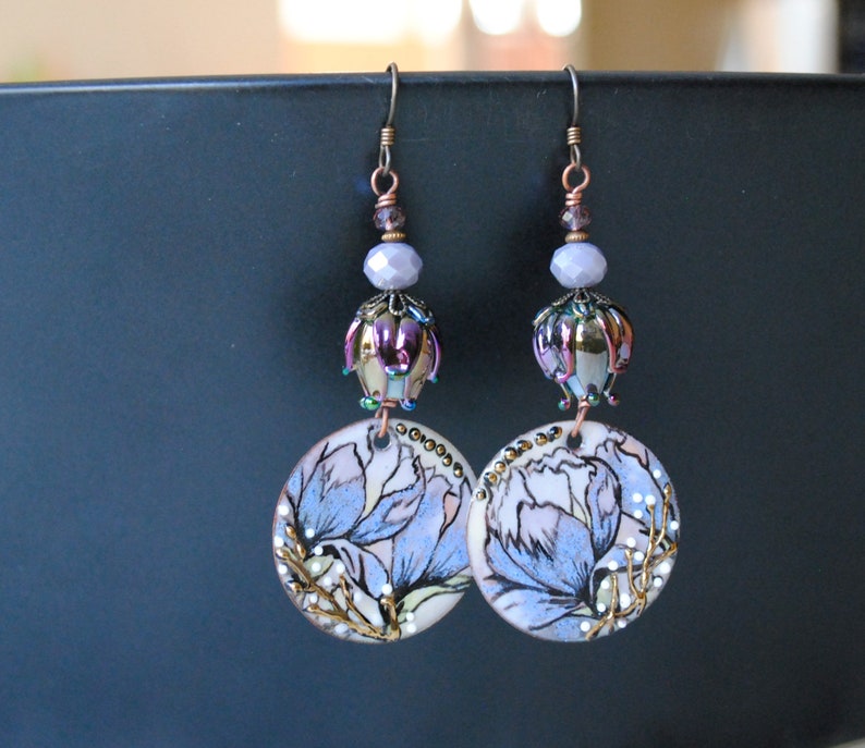 Purple Enamel Flower Earrings, Shiny Metallic Purple Rosebud Earrings, Floral Artisan Enamel Earrings, Lilac Earrings, Spring Earrings image 3