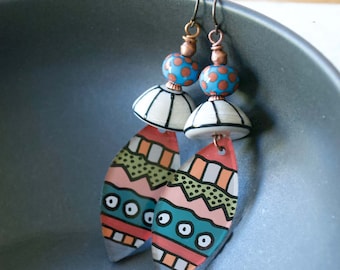 Colorful Geometric Earrings, Striped Artisan Lampwork Earrings, Funky Modern Earrings, Hand Painted Plexiglass Earrings, Spotted Earrings