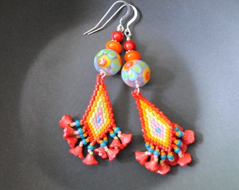 Orange Bead Woven Earrings, Hand Woven Diamond Shaped, Beaded Earrings, Floral Earrings, Lampwork Earrings, Long Dangle Earrings, Bohemian