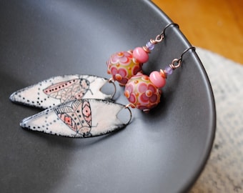 Pink Moth Earrings, Elongated Ceramic Teardrop Earrings, Pink Floral Lampwork Bead Earrings, Flying Insect Earrings, OOAK Butterfly Drops