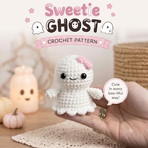 May include: A small white crocheted ghost amigurumi with black safety eyes, a stitched smile, and a pink bow on its head. The text Sweetie GHOST CROCHET PATTERN appears at the top, and a speech bubble says Cute in every boo-tiful way!